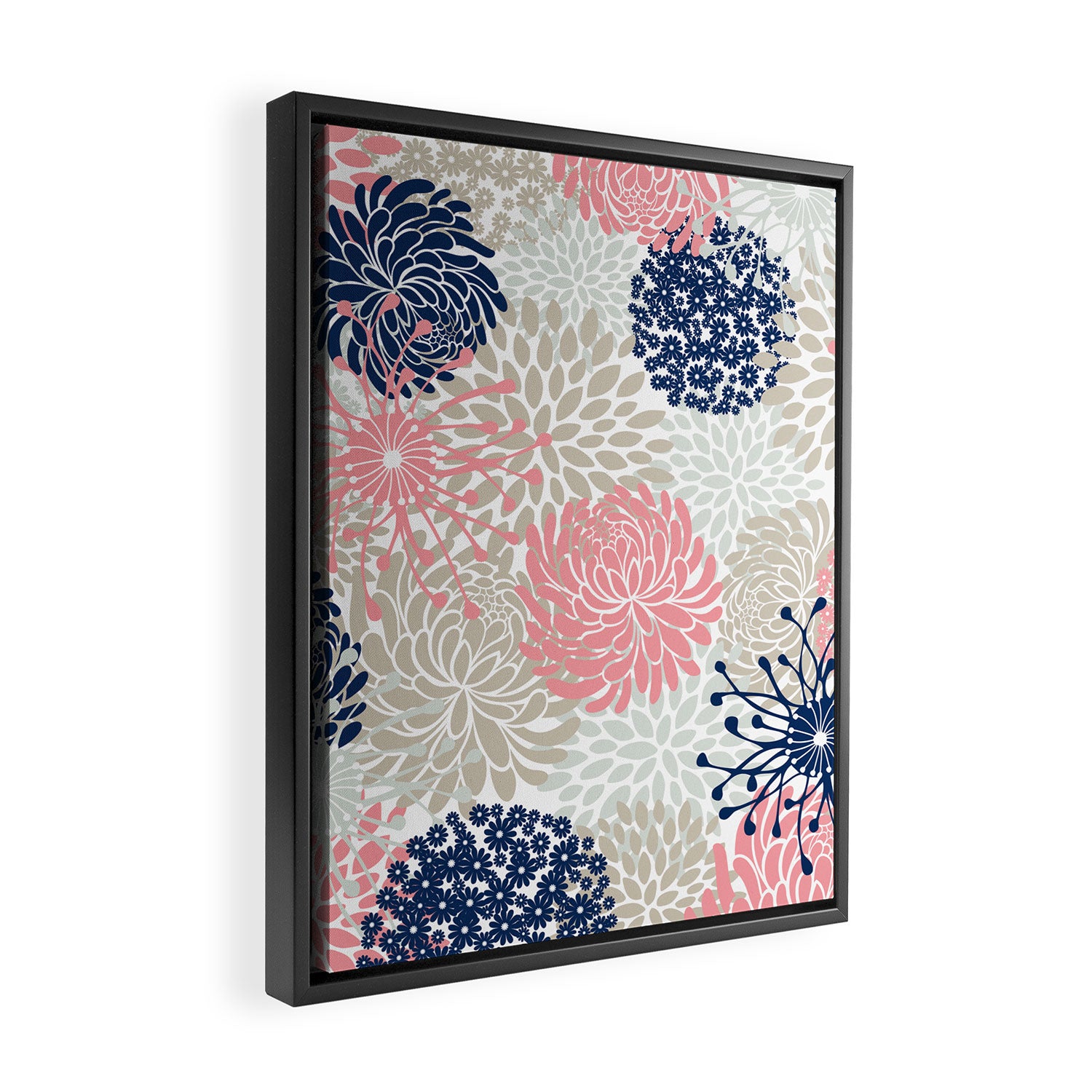 Floral Mixed Blooms, Blush Pink, Navy Blue, Gray, Beige Framed Canvas Print Gallery Image 2