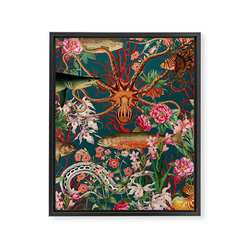 Floral Ocean Eden on Teal Framed Canvas Print Gallery Image 8