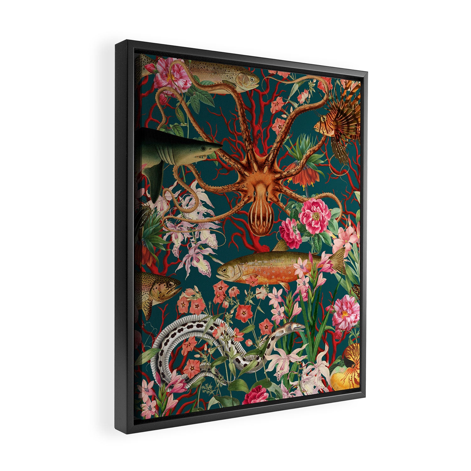 Floral Ocean Eden on Teal Framed Canvas Print Gallery Image 2