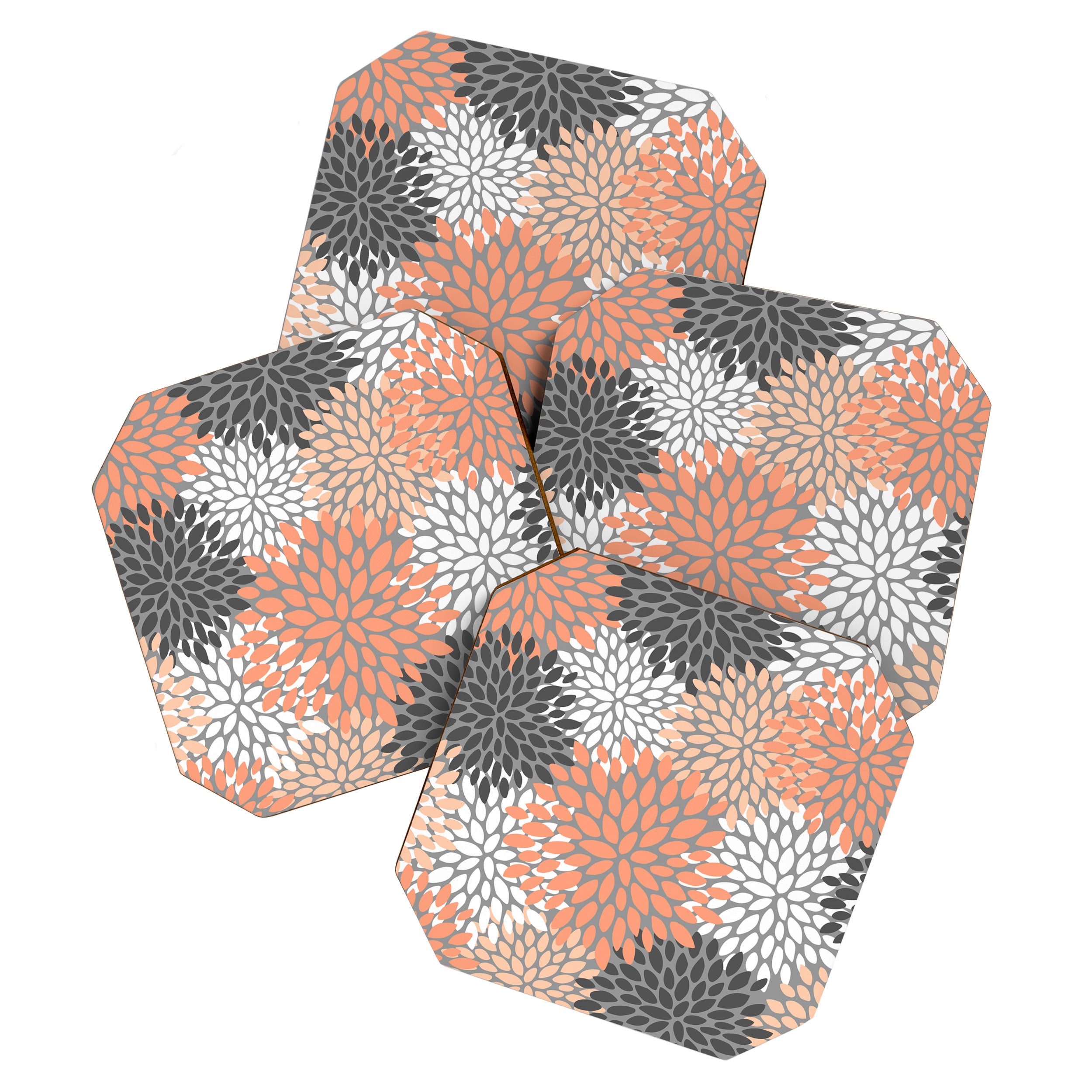 Floral Pattern, Coral, Gray, White Coaster Gallery Image 1