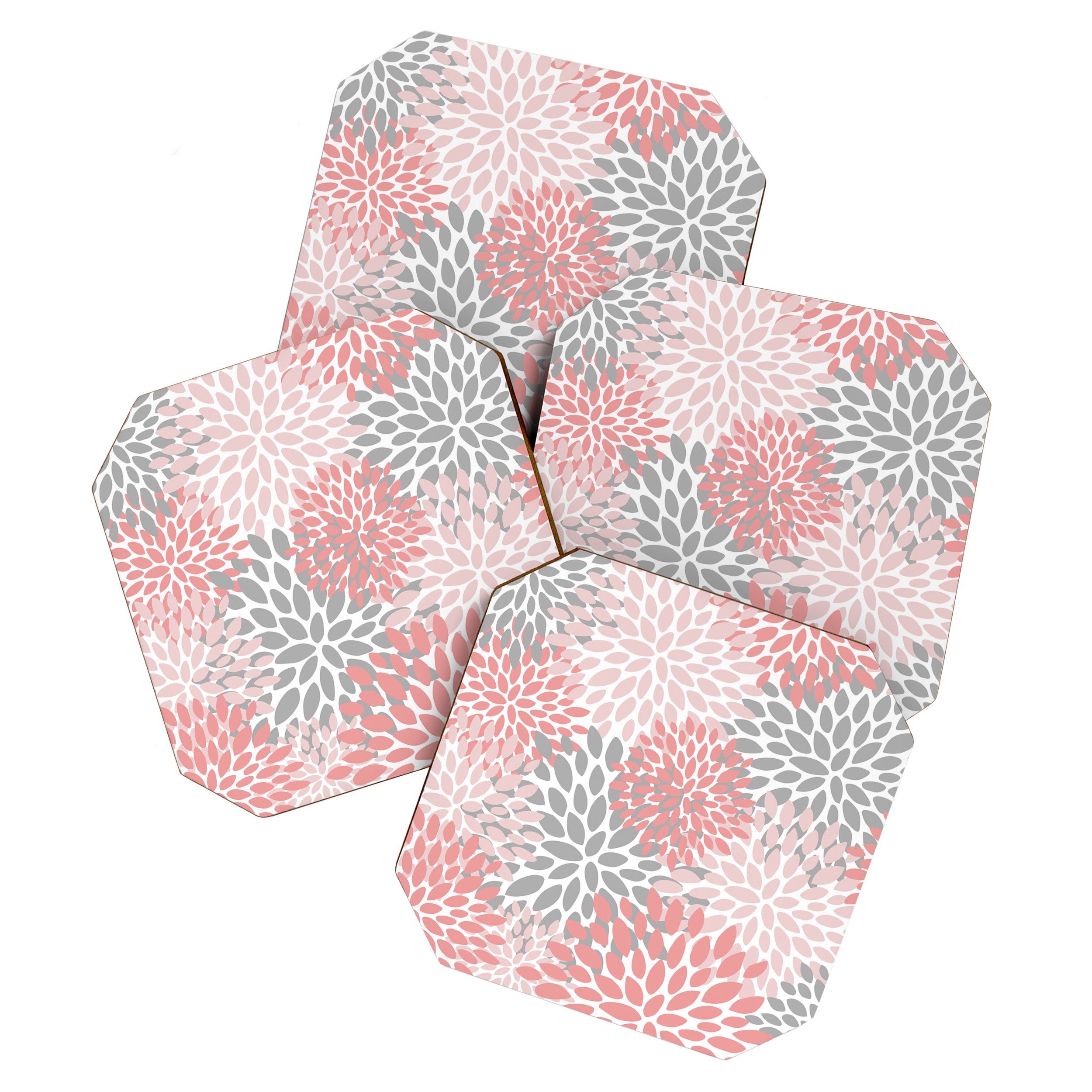Floral Pattern, Coral Pink and Gray Coaster Gallery Image 1