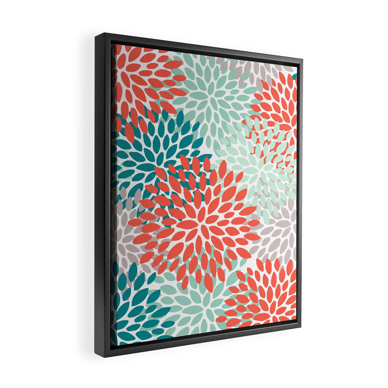 Floral Pattern, Orange, Teal, Mint Green, Flower Print Framed Canvas Print Gallery Image 2