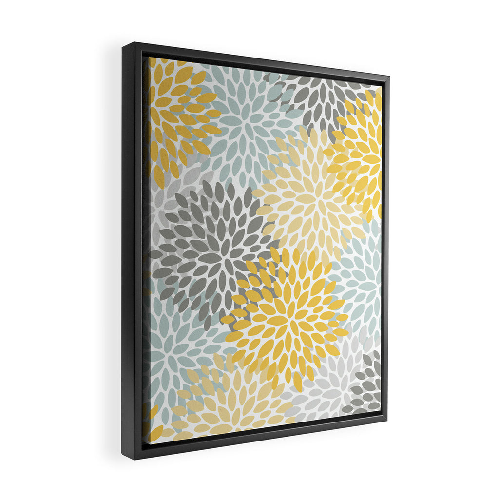 Floral Pattern, Yellow, Pale, Aqua and Gray Framed Canvas Print Gallery Image 2