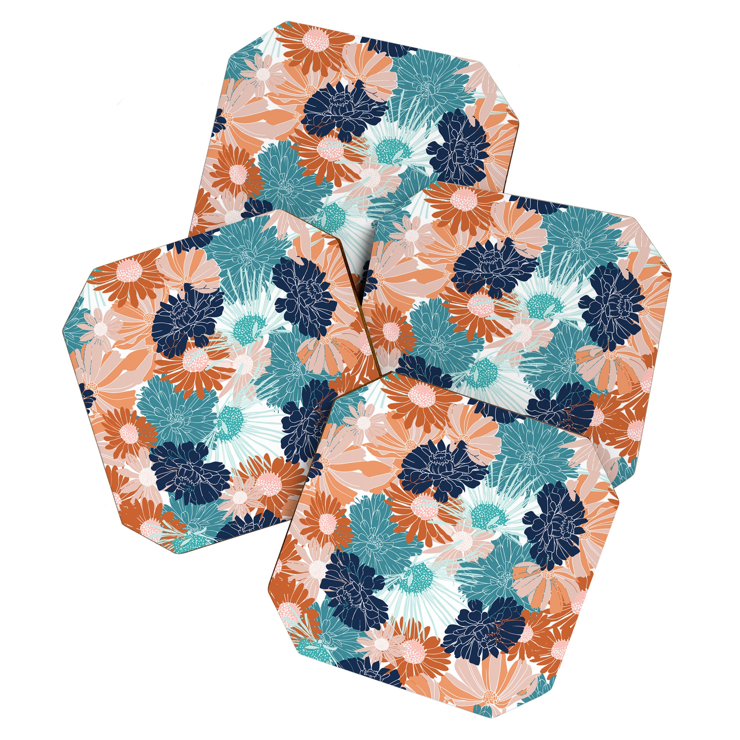 Floral Print, Teal, Navy Blue, Pink, Terracotta, Artists Print Coaster Gallery Image 1