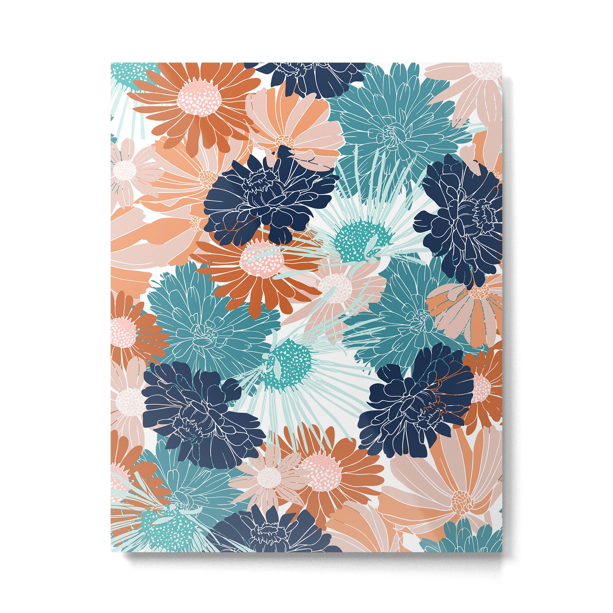 Floral Print, Teal, Navy Blue, Pink, Terracotta, Artists Print Metal Print Gallery Image 6