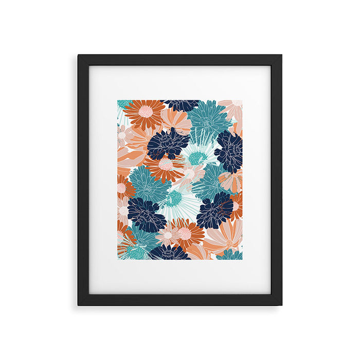 Floral Print, Teal, Navy Blue, Pink, Terracotta, Artists Print Framed Art Print Gallery Image 1