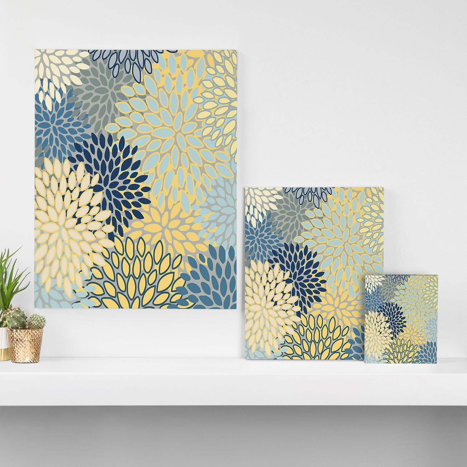Floral Print, Yellow, Gray, Blue, Teal Canvas Print Gallery Image 3