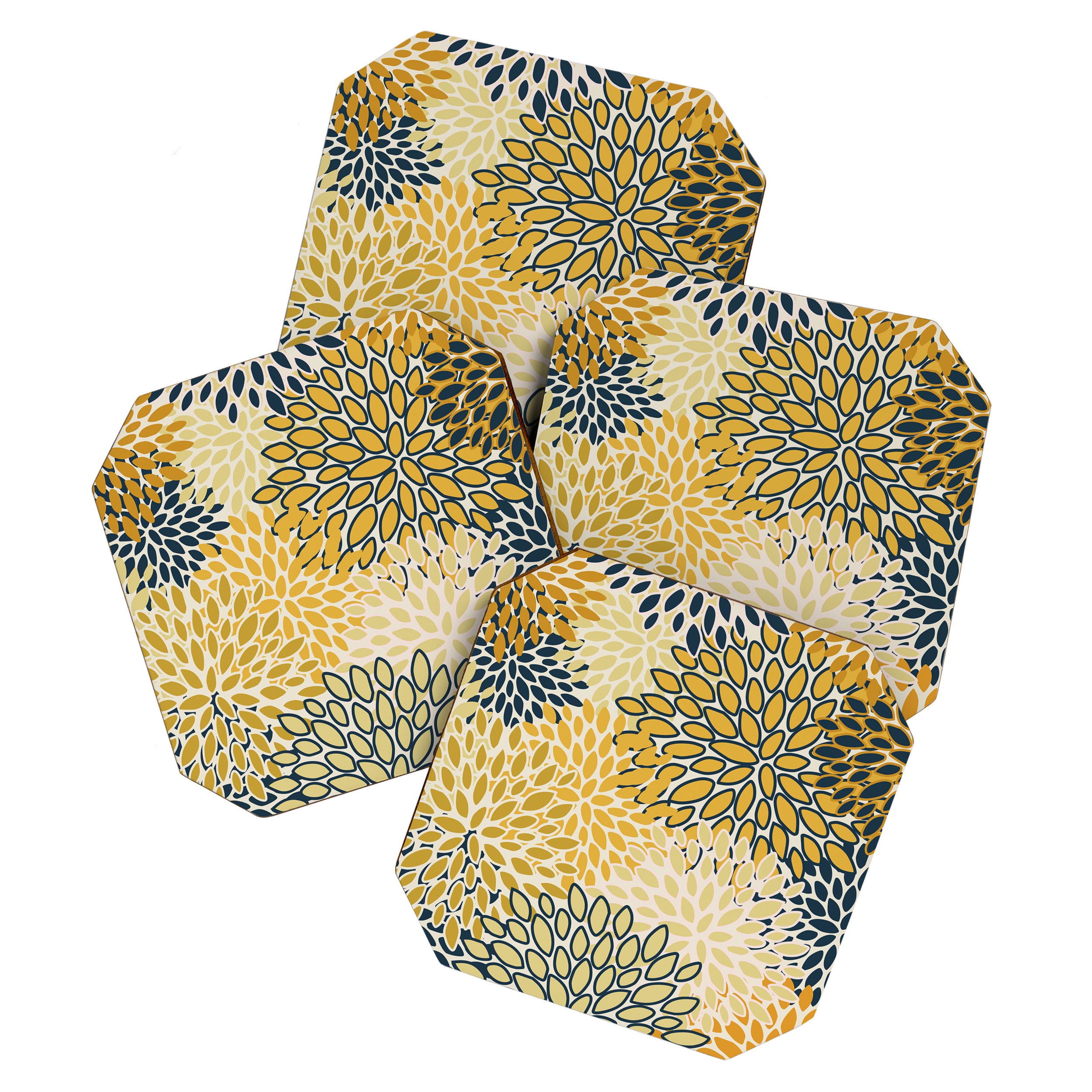 Floral Prints, Abstract Art, Navy Blue and Mustard Yellow, Coaster Gallery Image 1