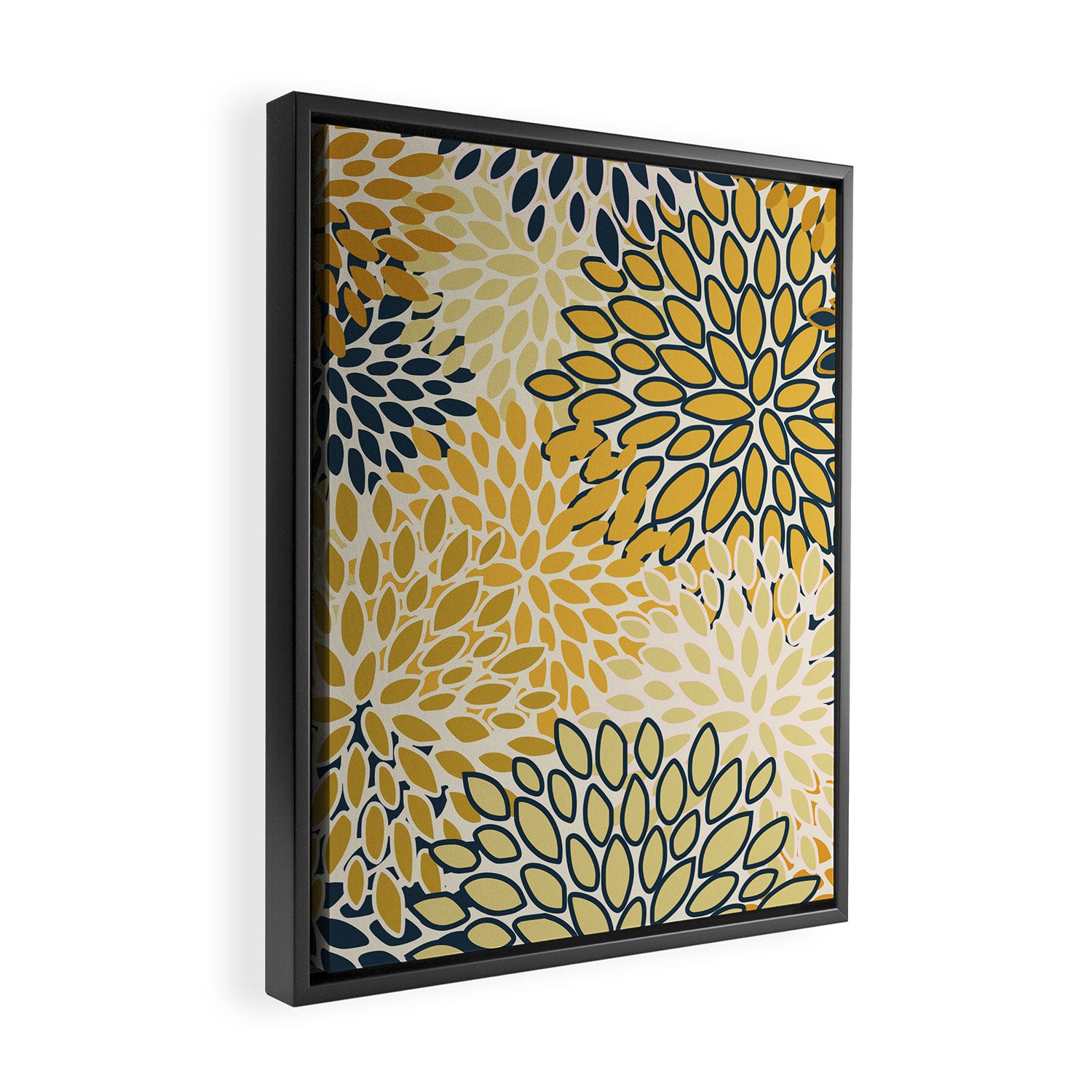 Floral Prints, Abstract Art, Navy Blue and Mustard Yellow, Framed Canvas Print Gallery Image 2