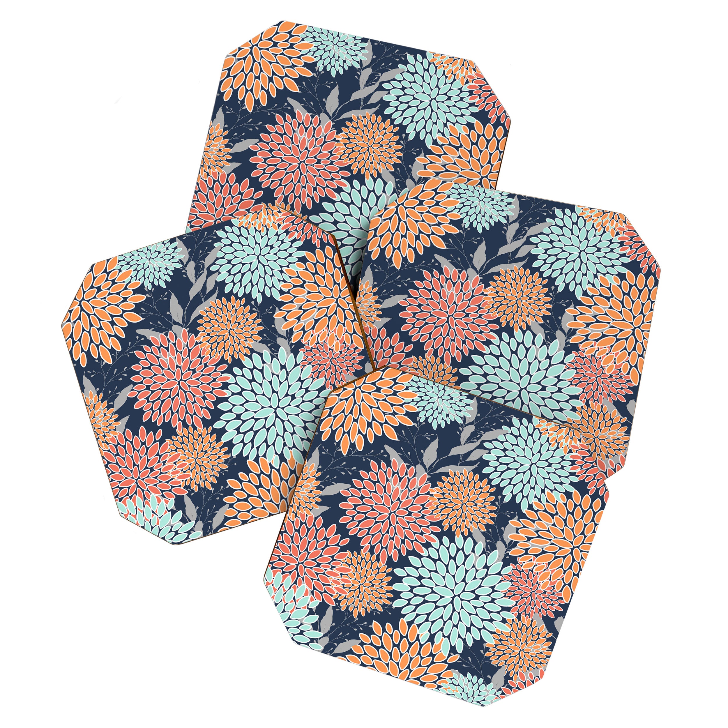 Floral Prints and Leaves, Coral, Navy Blue, Peach, Gray, Aqua Coaster Gallery Image 1