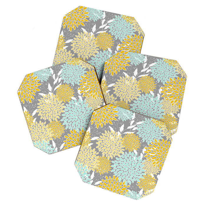 Floral Prints and Leaves, Gray, Yellow and Aqua Coaster Gallery Image 1
