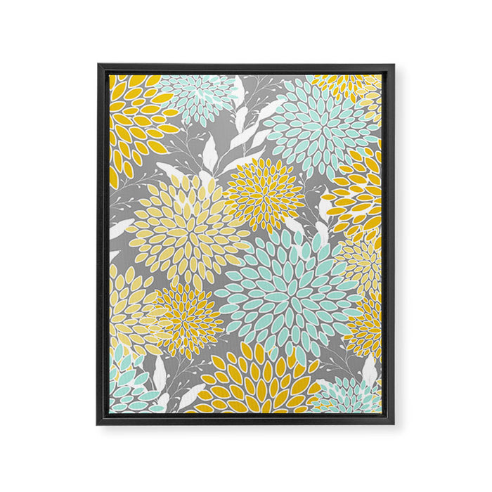 Floral Prints and Leaves, Gray, Yellow and Aqua Framed Canvas Print Gallery Image 1