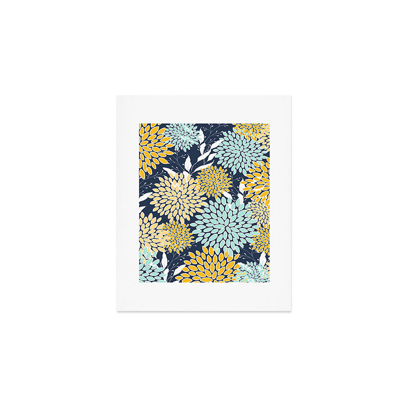 Floral Prints and Leaves, Navy Blue, Yellow, Aqua Art Print Gallery Image 1