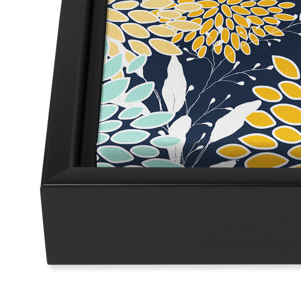 Floral Prints and Leaves, Navy Blue, Yellow, Aqua Framed Canvas Print Gallery Image 3