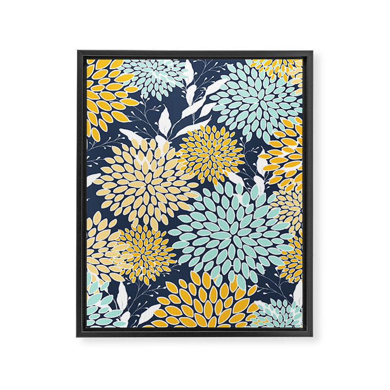 Floral Prints and Leaves, Navy Blue, Yellow, Aqua Framed Canvas Print Gallery Image 8