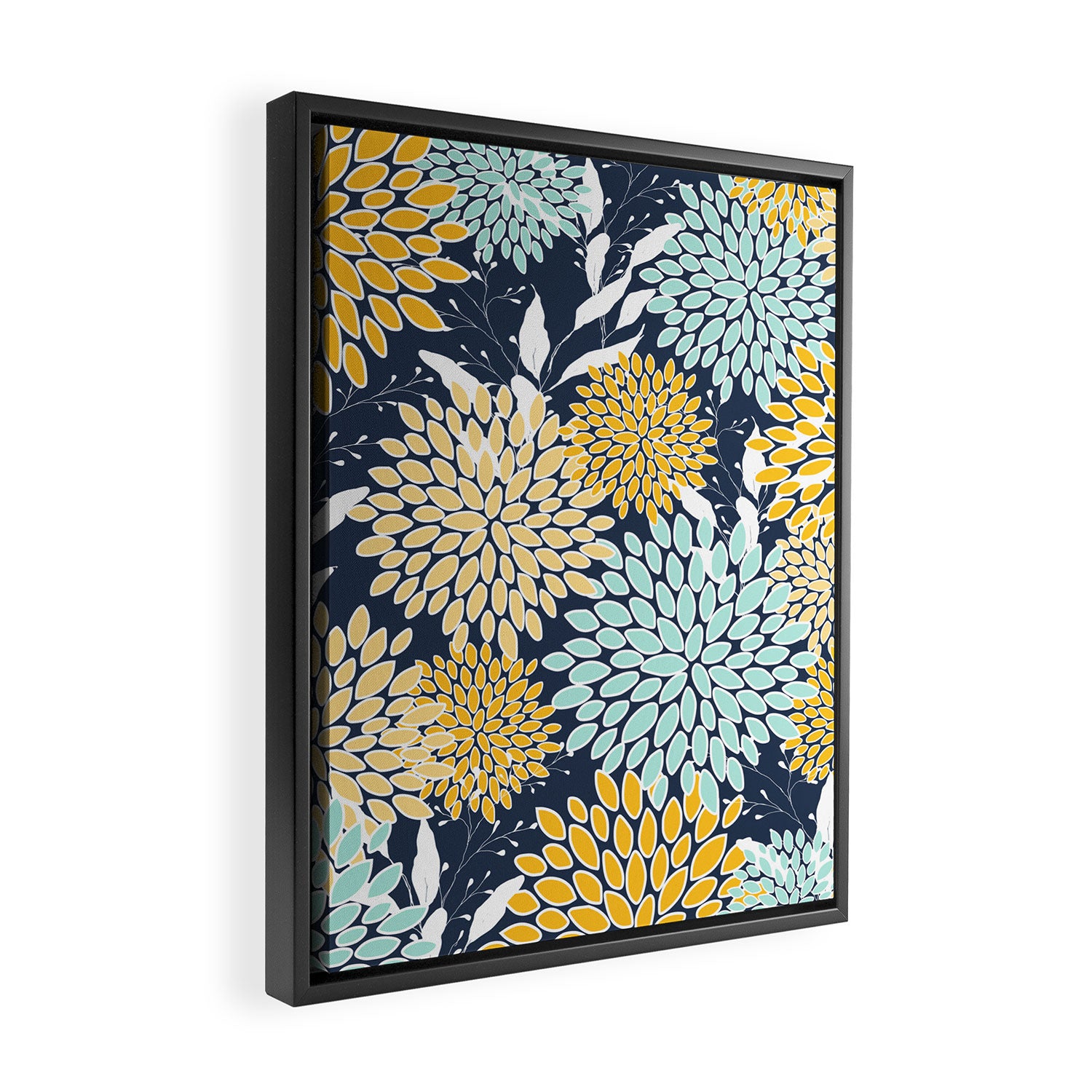 Floral Prints and Leaves, Navy Blue, Yellow, Aqua Framed Canvas Print Gallery Image 2