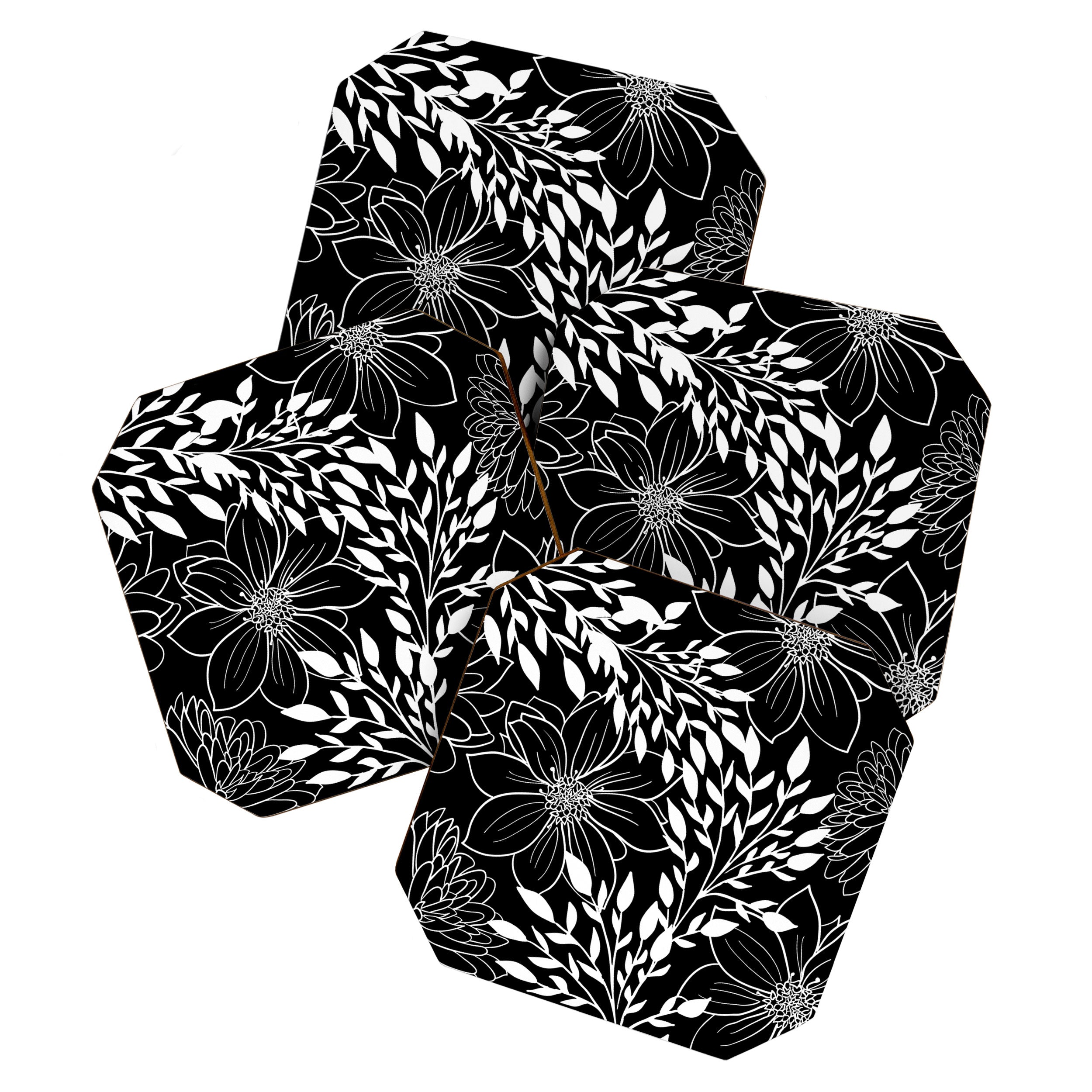 Floral Prints and Leaves, Line Art, Black and White Coaster Gallery Image 1