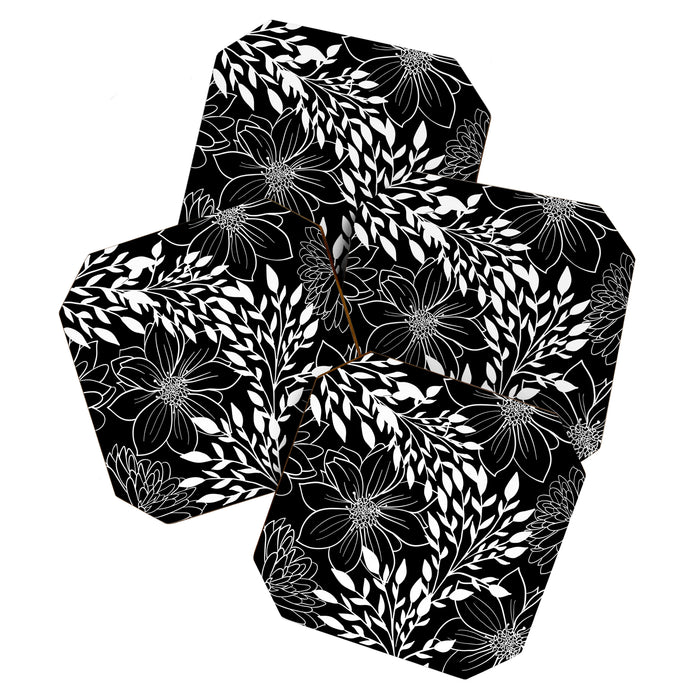 Floral Prints and Leaves, Line Art, Black and White Coaster Gallery Image 1