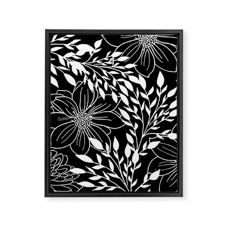 Floral Prints and Leaves, Line Art, Black and White Framed Canvas Print Gallery Image 8