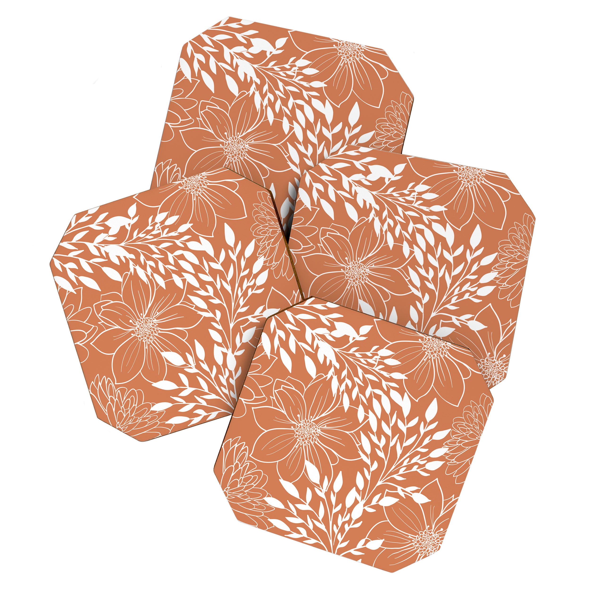 Floral Prints and Leaves, Line Art, Terracotta Coaster Gallery Image 1