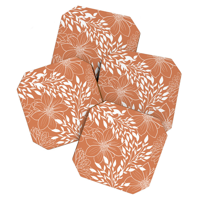Floral Prints and Leaves, Line Art, Terracotta Coaster Gallery Image 1