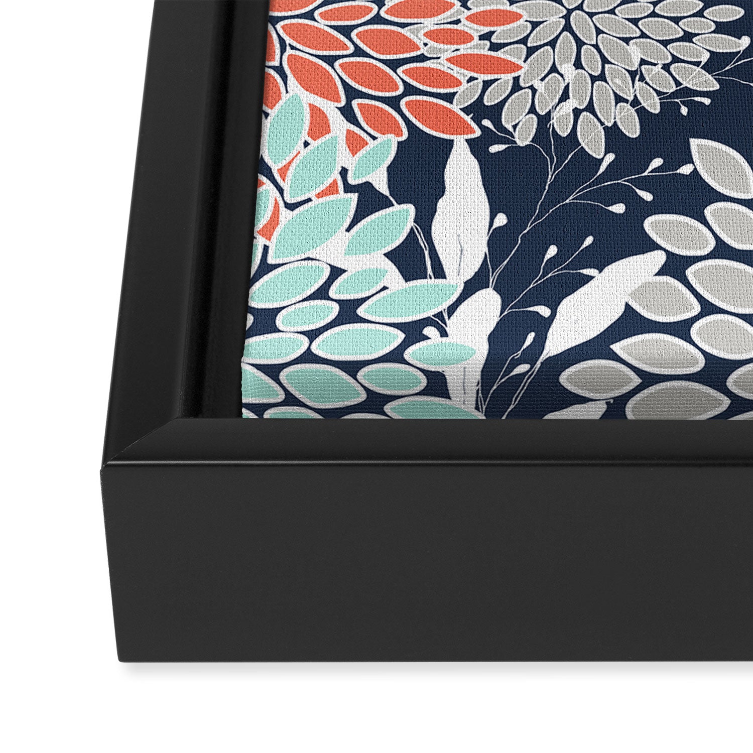 Floral Prints and Leaves, Navy, Aqua Coral and Gray Framed Canvas Print Gallery Image 3