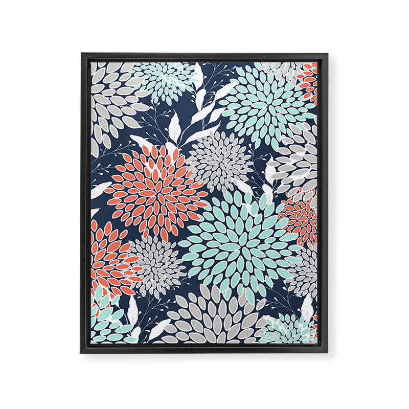 Floral Prints and Leaves, Navy, Aqua Coral and Gray Framed Canvas Print Gallery Image 8