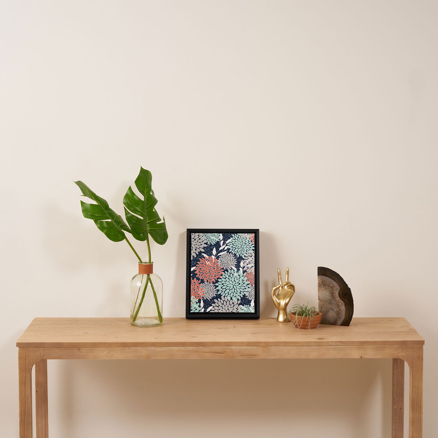 Floral Prints and Leaves, Navy, Aqua Coral and Gray Framed Canvas Print Gallery Image 4