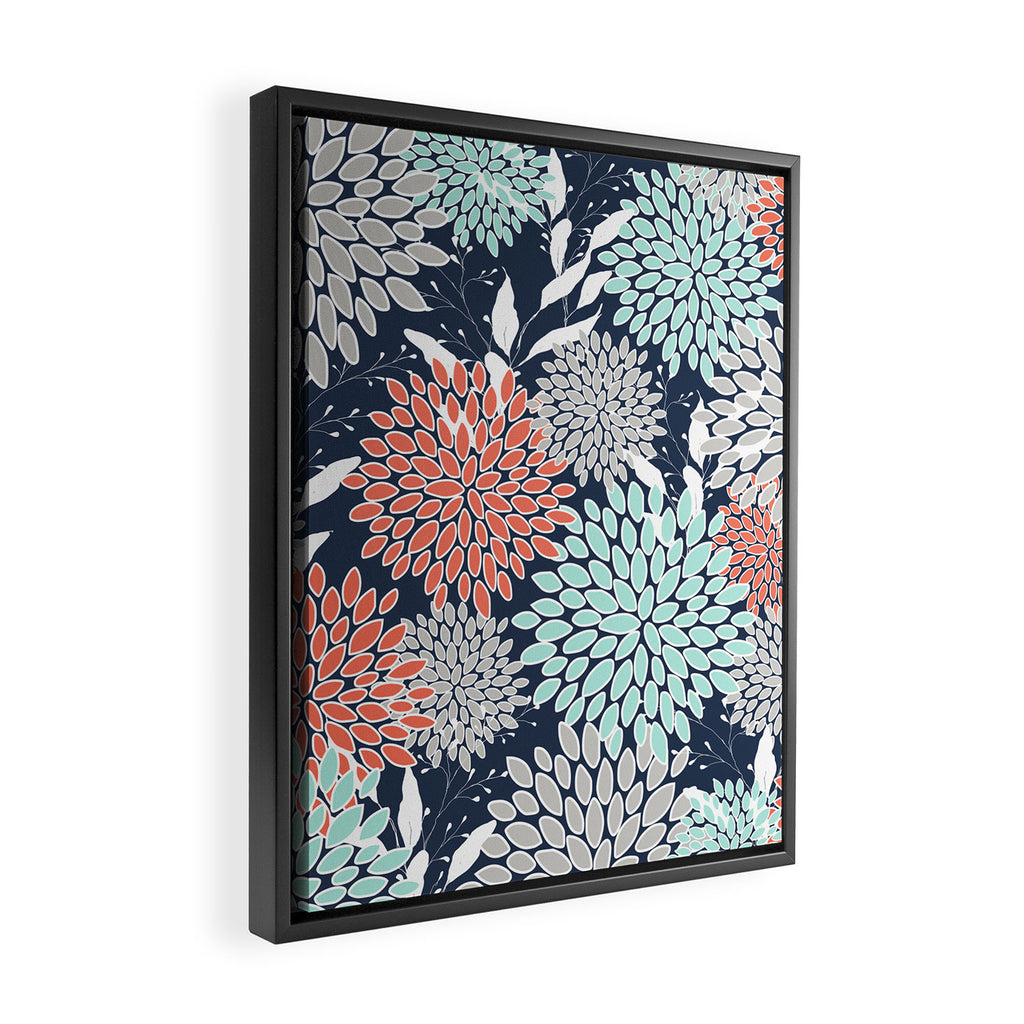 Floral Prints and Leaves, Navy, Aqua Coral and Gray Framed Canvas Print Gallery Image 2
