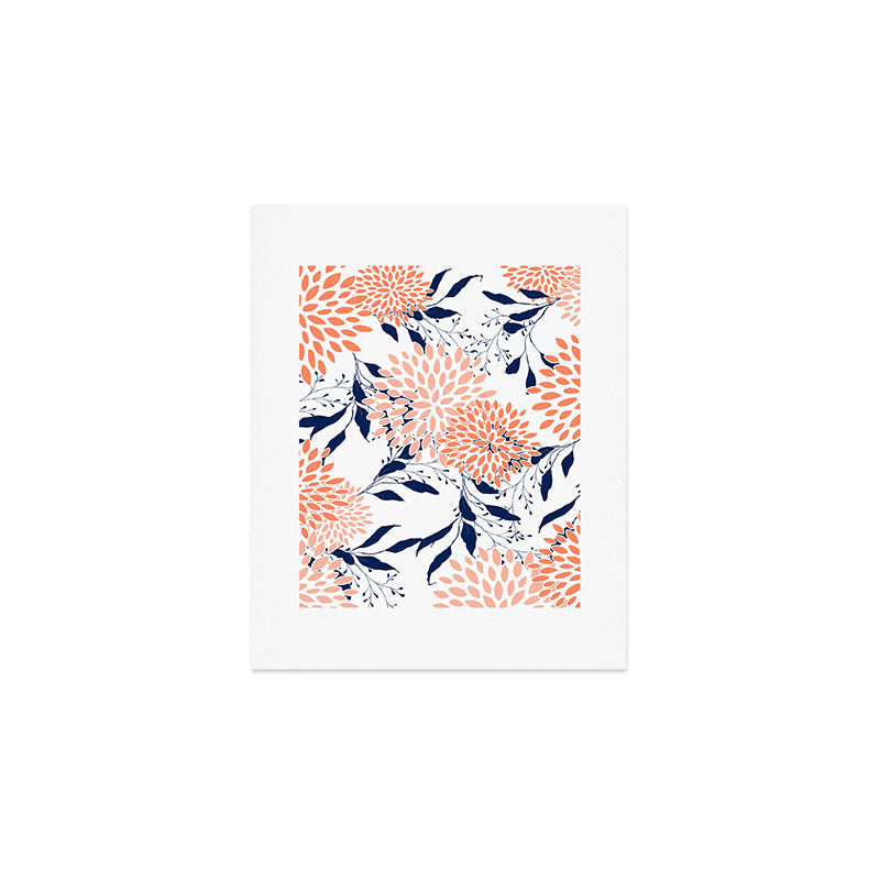 Floral Prints and Leaves, White, Coral and Navy Art Print Gallery Image 1