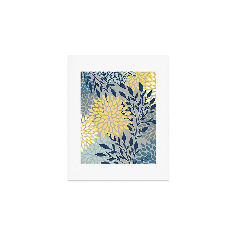 Festive, Floral Prints and Leaves, Yellow, Gray, Navy Blue, Teal Art Print Gallery Image 1