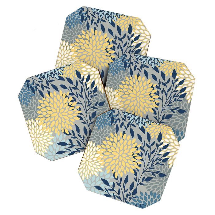 Festive, Floral Prints and Leaves, Yellow, Gray, Navy Blue, Teal Coaster Gallery Image 1
