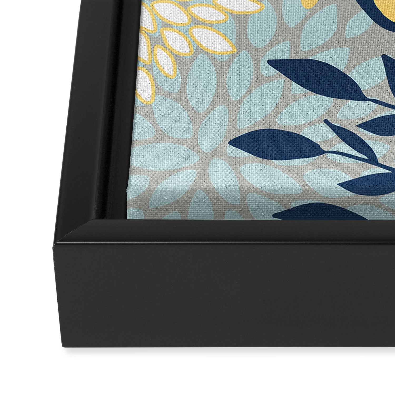 Festive, Floral Prints and Leaves, Yellow, Gray, Navy Blue, Teal Framed Canvas Print Gallery Image 3