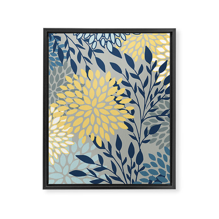 Festive, Floral Prints and Leaves, Yellow, Gray, Navy Blue, Teal Framed Canvas Print Gallery Image 1