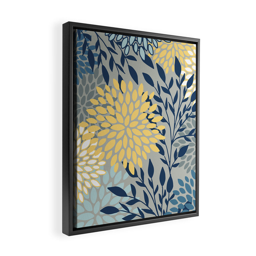 Festive, Floral Prints and Leaves, Yellow, Gray, Navy Blue, Teal Framed Canvas Print Gallery Image 2