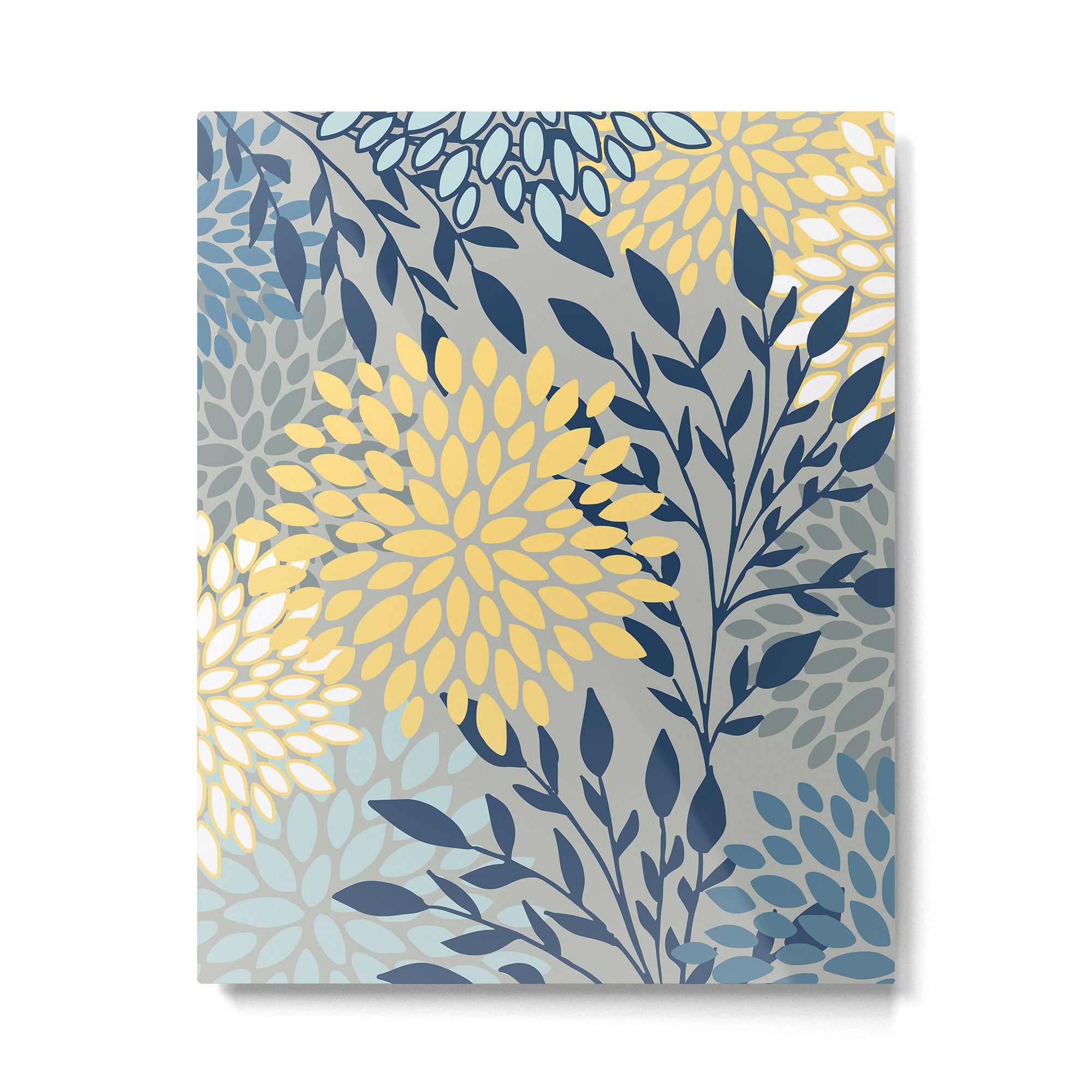 Festive, Floral Prints and Leaves, Yellow, Gray, Navy Blue, Teal Metal Print Gallery Image 6