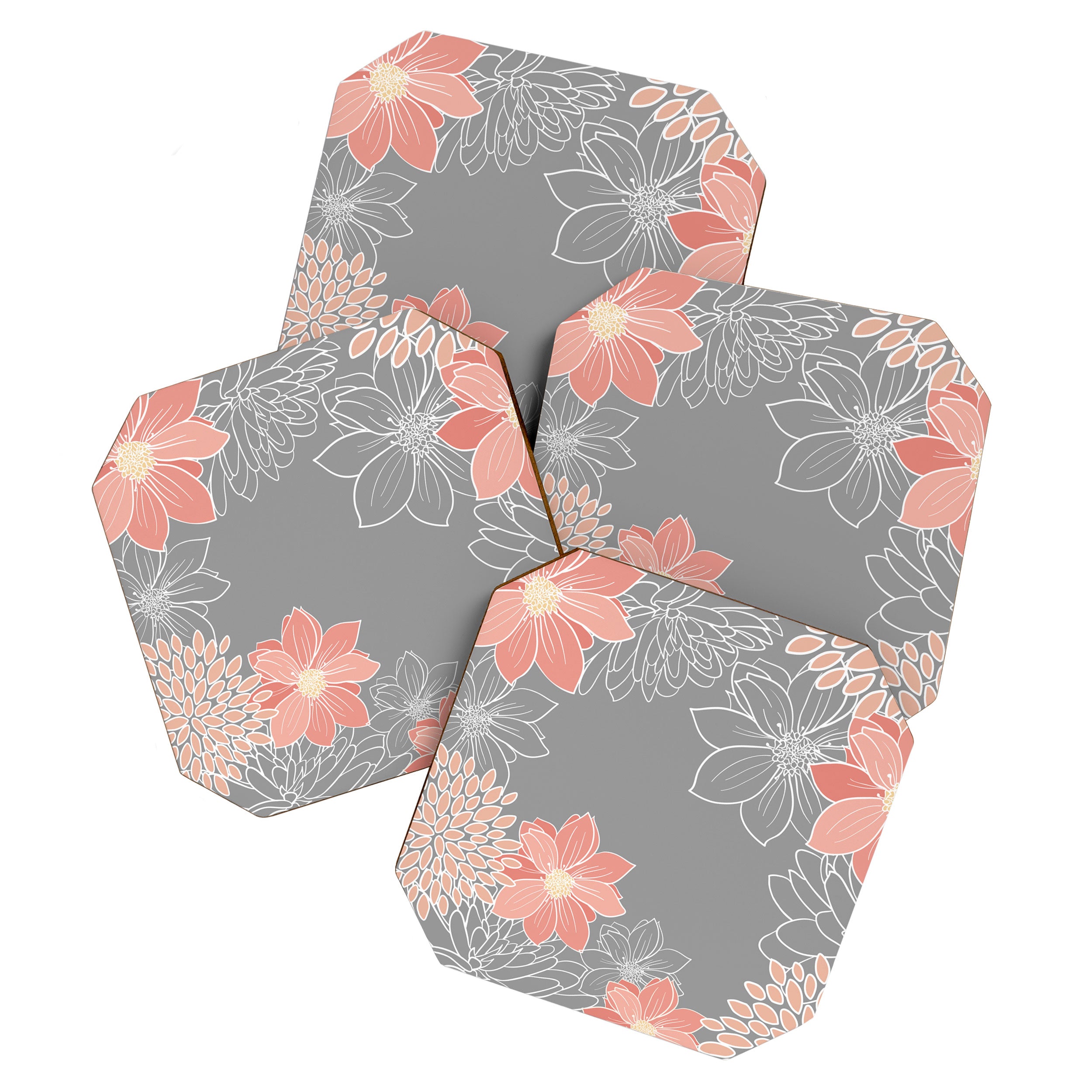 Festive, Floral Prints and Line Art, Gray and Coral Coaster Gallery Image 1