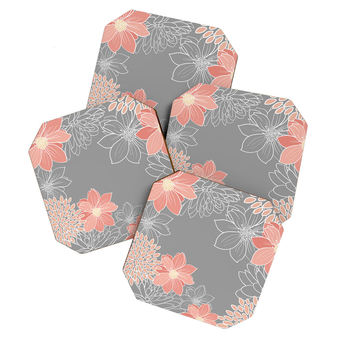 Festive, Floral Prints and Line Art, Gray and Coral Coaster Gallery Image 1