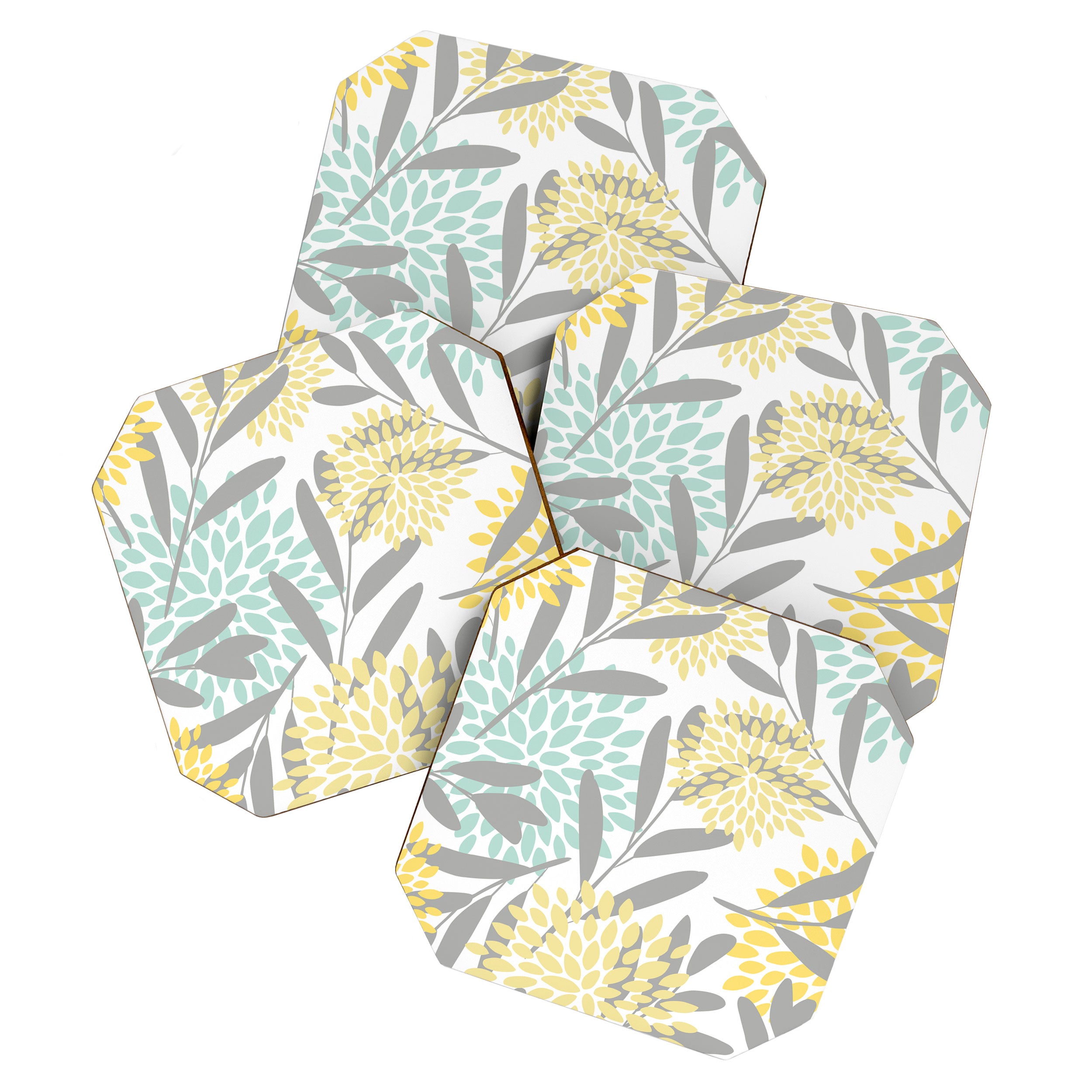 Floral Prints, Leaves and Blooms, Gray, Yellow and Aqua Coaster Gallery Image 1