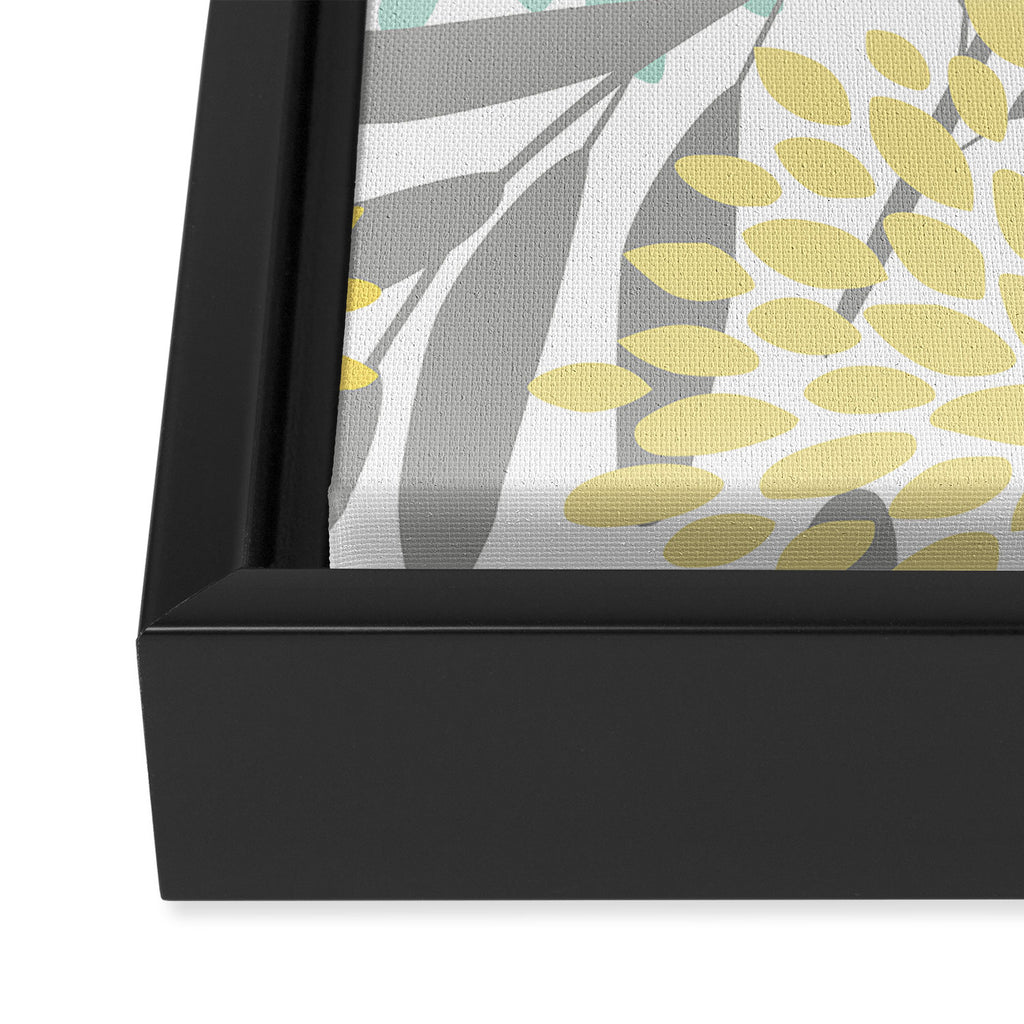 Floral Prints, Leaves and Blooms, Gray, Yellow and Aqua Framed Canvas Print Gallery Image 3
