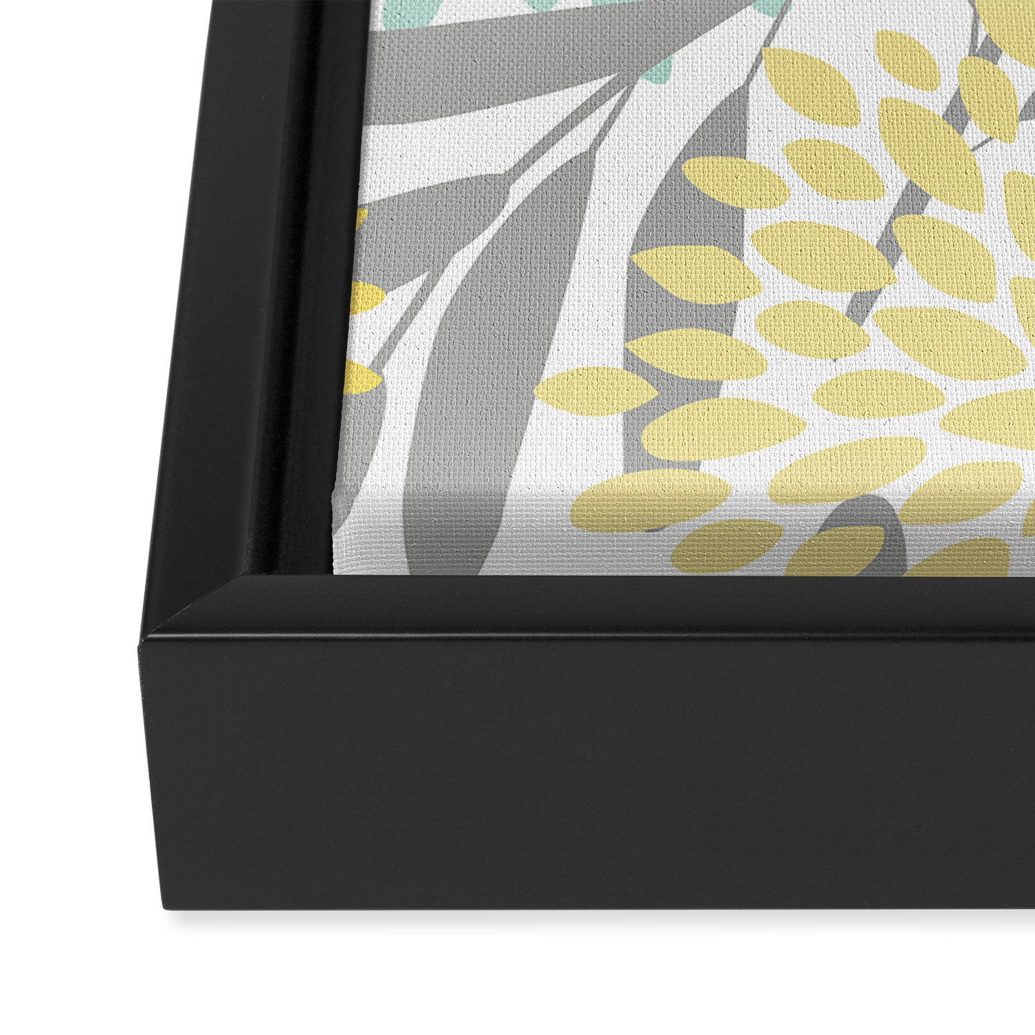 Floral Prints, Leaves and Blooms, Gray, Yellow and Aqua Framed Canvas Print Gallery Image 3