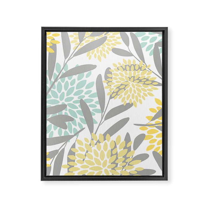 Floral Prints, Leaves and Blooms, Gray, Yellow and Aqua Framed Canvas Print Gallery Image 1