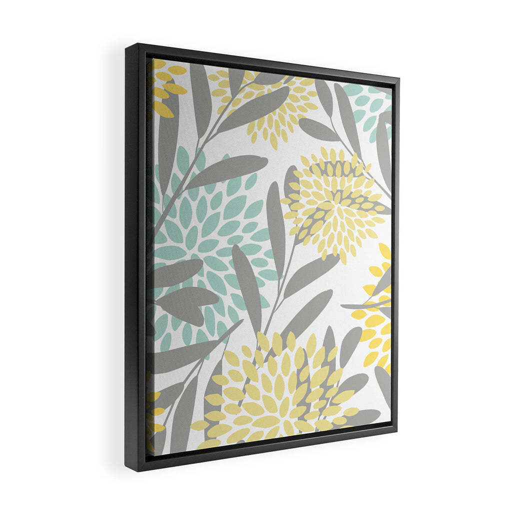 Floral Prints, Leaves and Blooms, Gray, Yellow and Aqua Framed Canvas Print Gallery Image 2