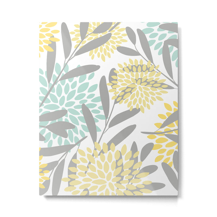 Floral Prints, Leaves and Blooms, Gray, Yellow and Aqua Metal Print Gallery Image 1