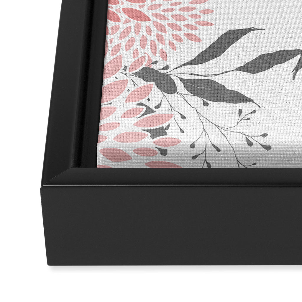 Festive, Floral Prints, Leaves and Blooms, Pink, Gray and White Framed Canvas Print Gallery Image 3