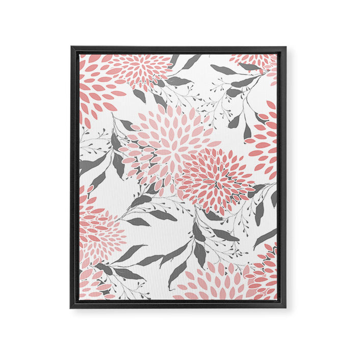 Festive, Floral Prints, Leaves and Blooms, Pink, Gray and White Framed Canvas Print Gallery Image 1