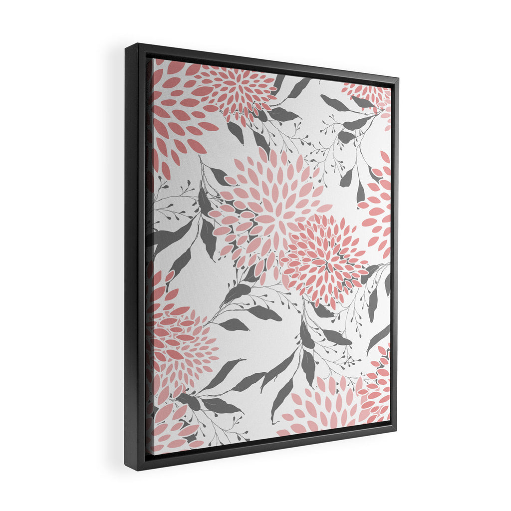 Festive, Floral Prints, Leaves and Blooms, Pink, Gray and White Framed Canvas Print Gallery Image 2