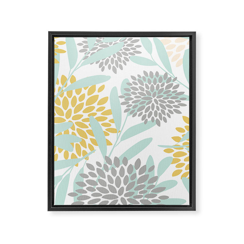Floral Prints, Leaves and Blooms, Yellow, Gray and Aqua Framed Canvas Print Gallery Image 8