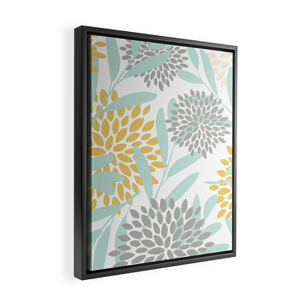 Floral Prints, Leaves and Blooms, Yellow, Gray and Aqua Framed Canvas Print Gallery Image 2
