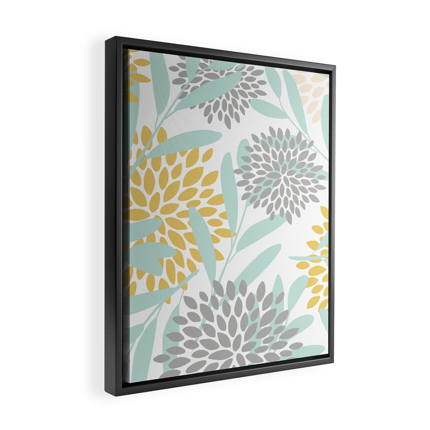 Floral Prints, Leaves and Blooms, Yellow, Gray and Aqua Framed Canvas Print Gallery Image 2